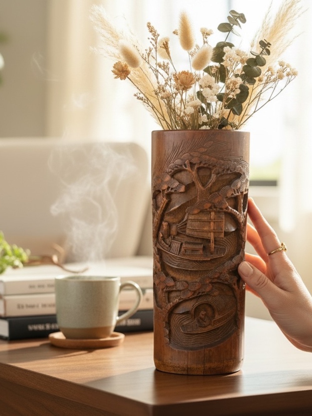 Vintage Chinese Bamboo Brush Pot Bitong Hand Carved Vase 11” Art Boats
